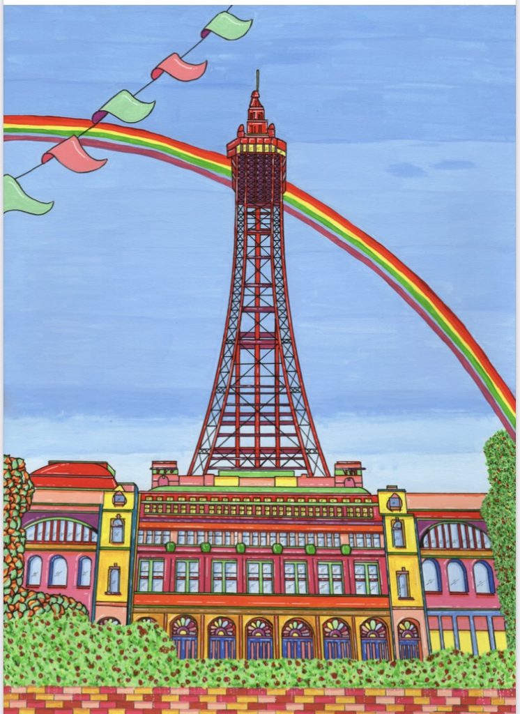 Brightly coloured painting of the Blackpool Tower